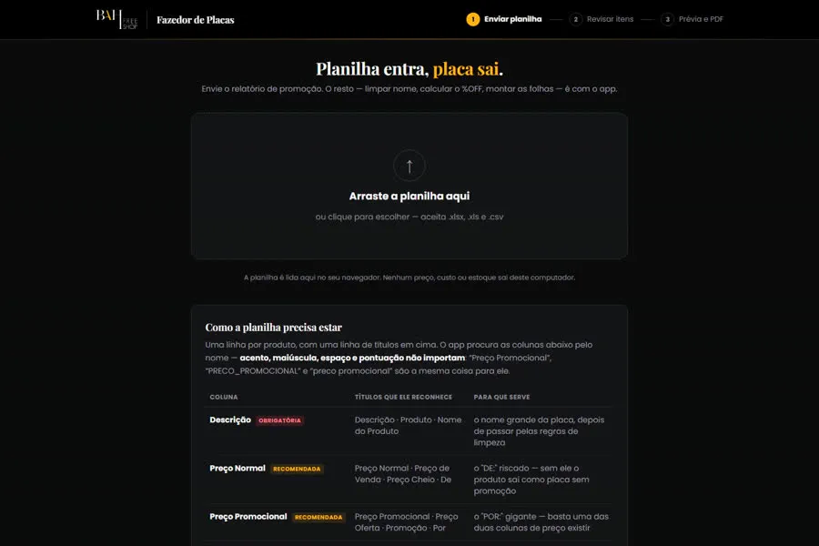 Tela do app gerador de placas promocionais